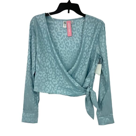 Something New Mia Satin Long Sleeve Wrap Top Blue Size Medium NWOT $40 MSRP - Picture 3 of 8